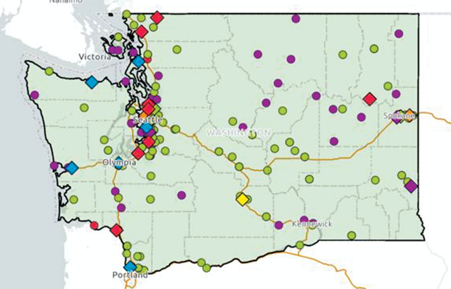 Washington projects funded by the Biden Infrastructure Law are represented on this map provided by the office of Sen. Maria Cantwell. Red represents transit projects, green represents road or bridge projects, purple is for airports, blue is for freight, orange is for rail and yellow is for trails.
